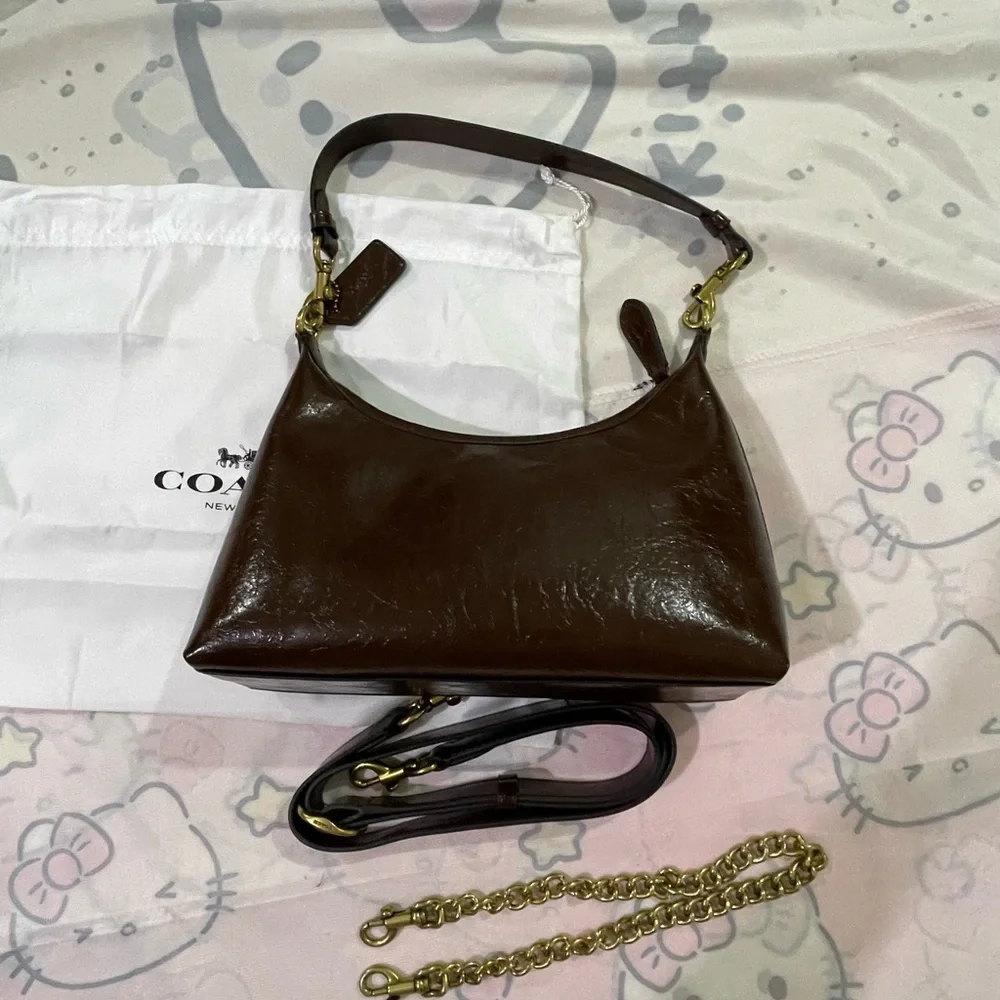 Coach Dark Brown Leather Shoulder Bag with Gold Hardware